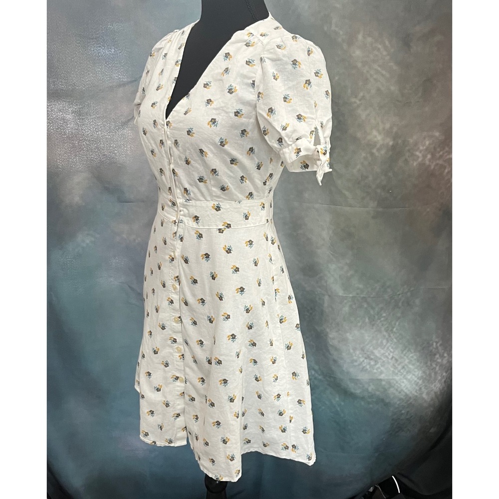 Gap Women White Floral Linen Blend‎ Button Front Tie Sleeve Mini Dress Size 0 - Picture 2 of 7